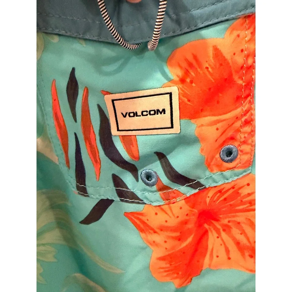 Volcom Boys Teal Orange Hibiscus Floral Board Shorts Swim Trunks Size S 8 10
